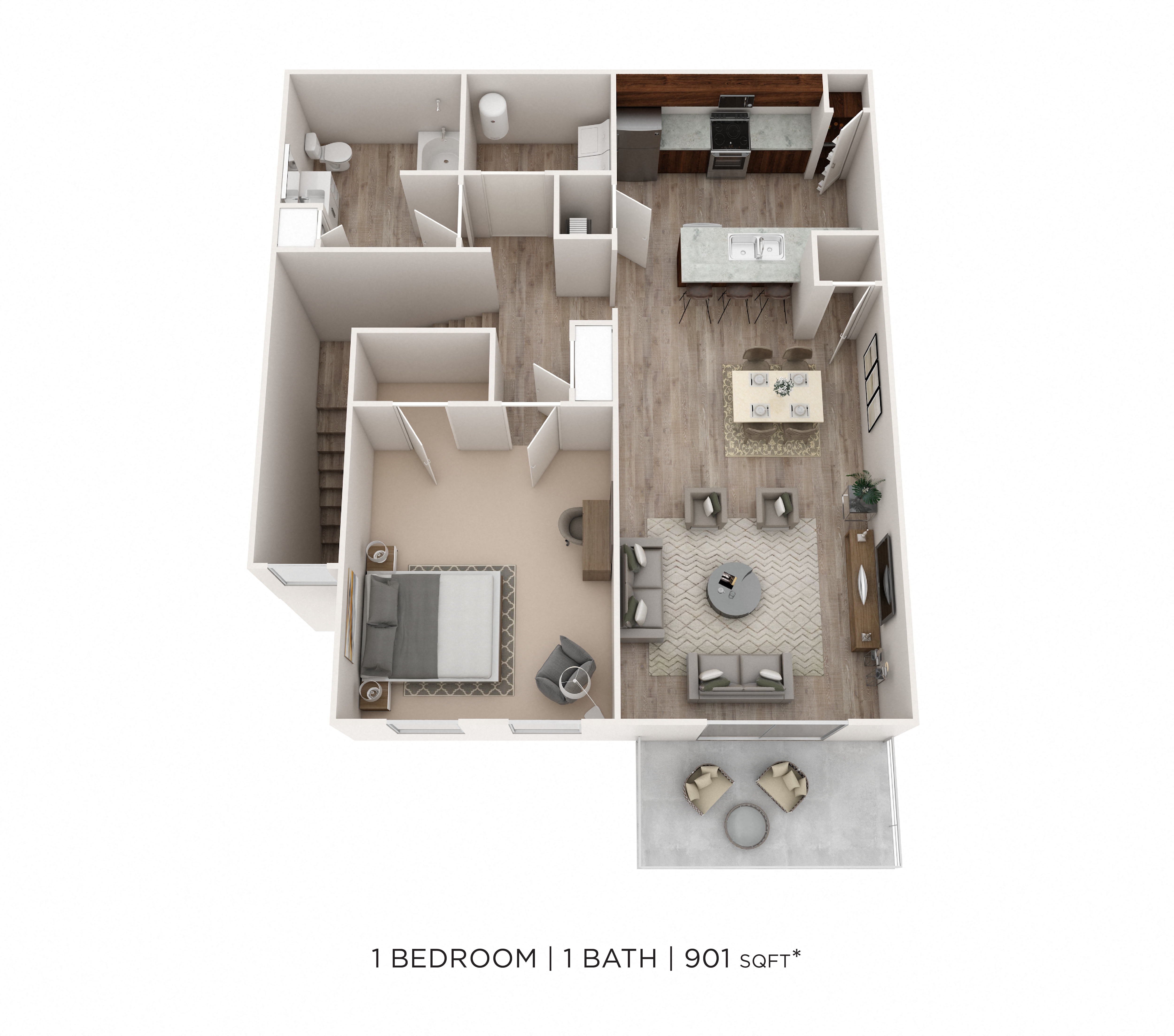 Floor plan for 1 bed, 1 bath, 901 sqft