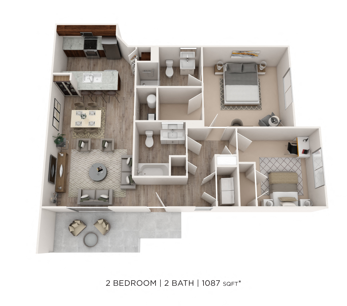 Floor plan for 2 beds, 2 baths, 1087 sqft