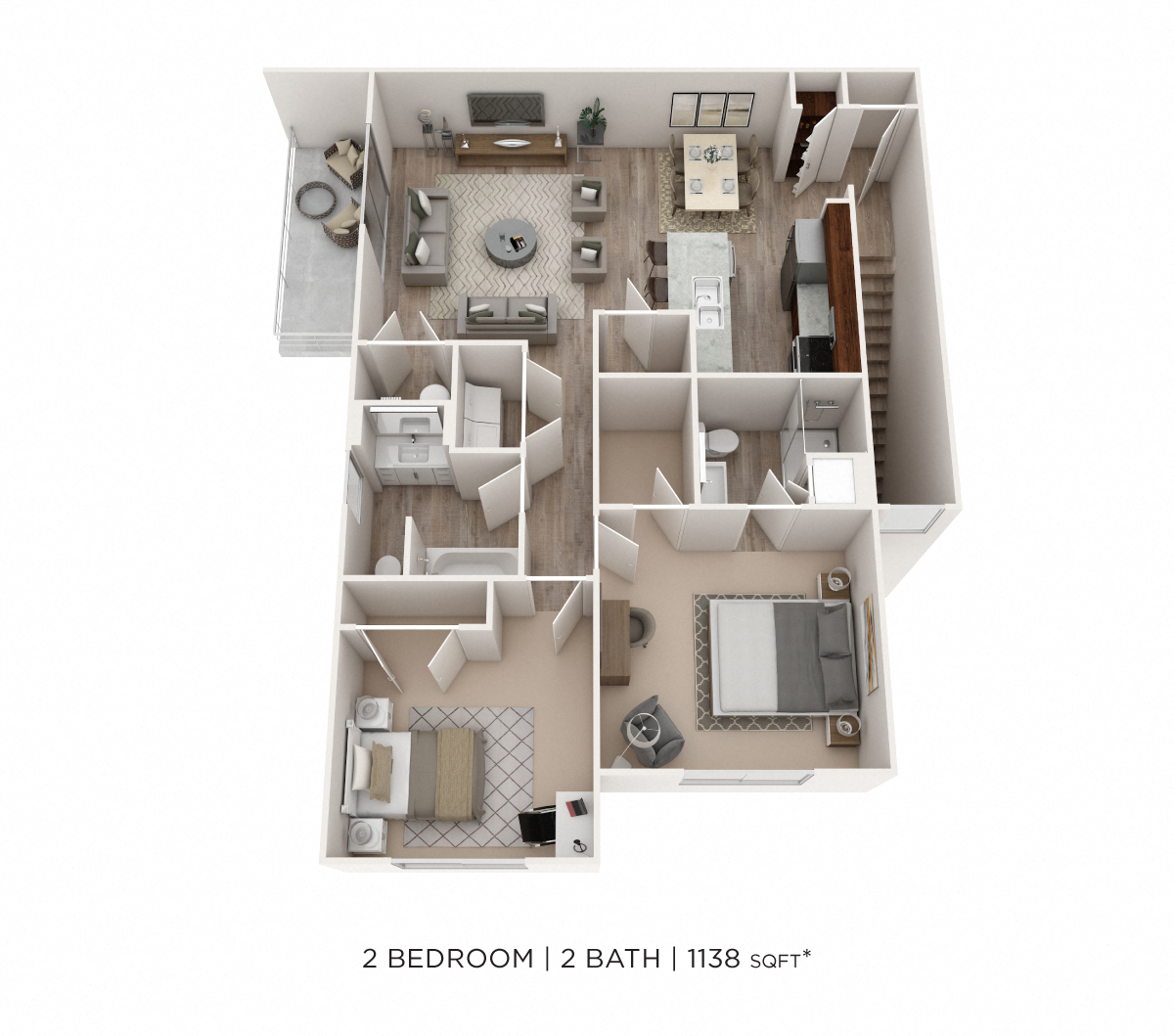 Floor plan for 2 beds, 2 baths, 1138 sqft