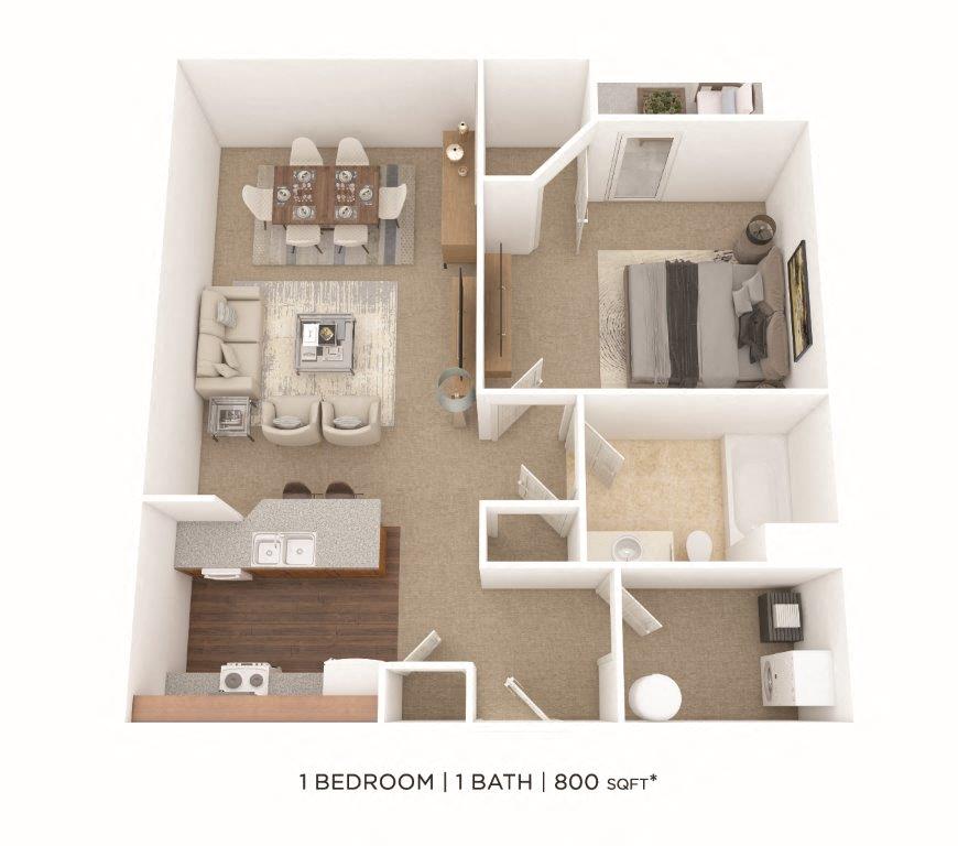 Floor plan for 1 bed, 1 bath, 800 sqft