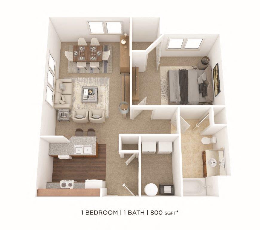 Floor plan for 1 bed, 1 bath, 800 sqft