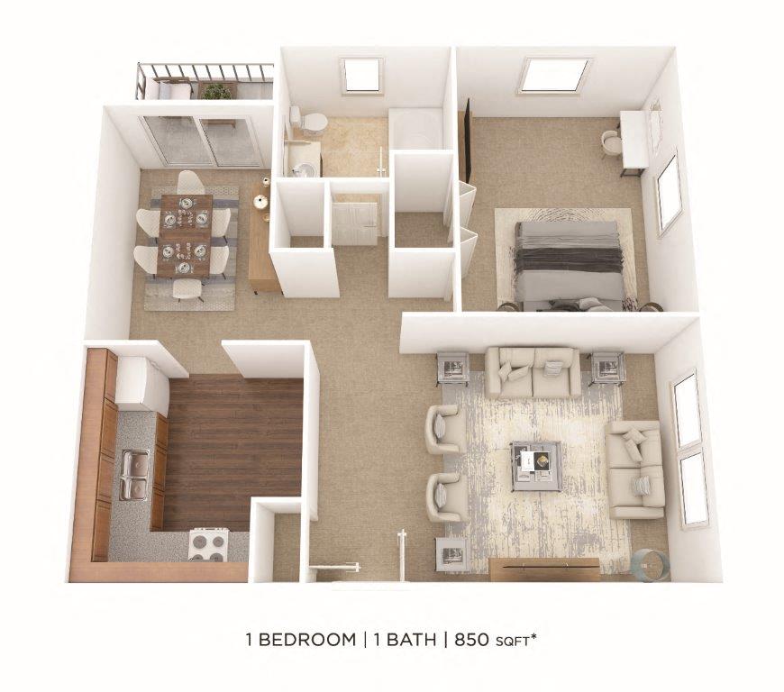 Floor plan for 1 bed, 1 bath, 850 sqft