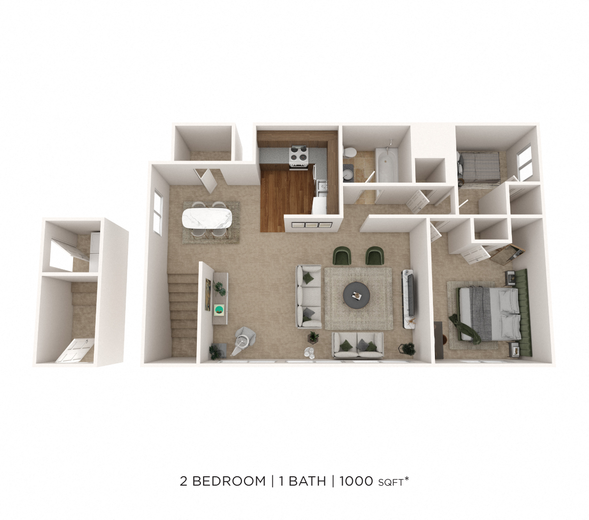 Floor plan for 2 beds, 1 bath, 1000 sqft
