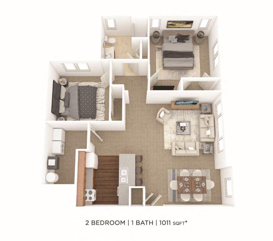 Floor plan for 2 beds, 1 bath, 1011 sqft