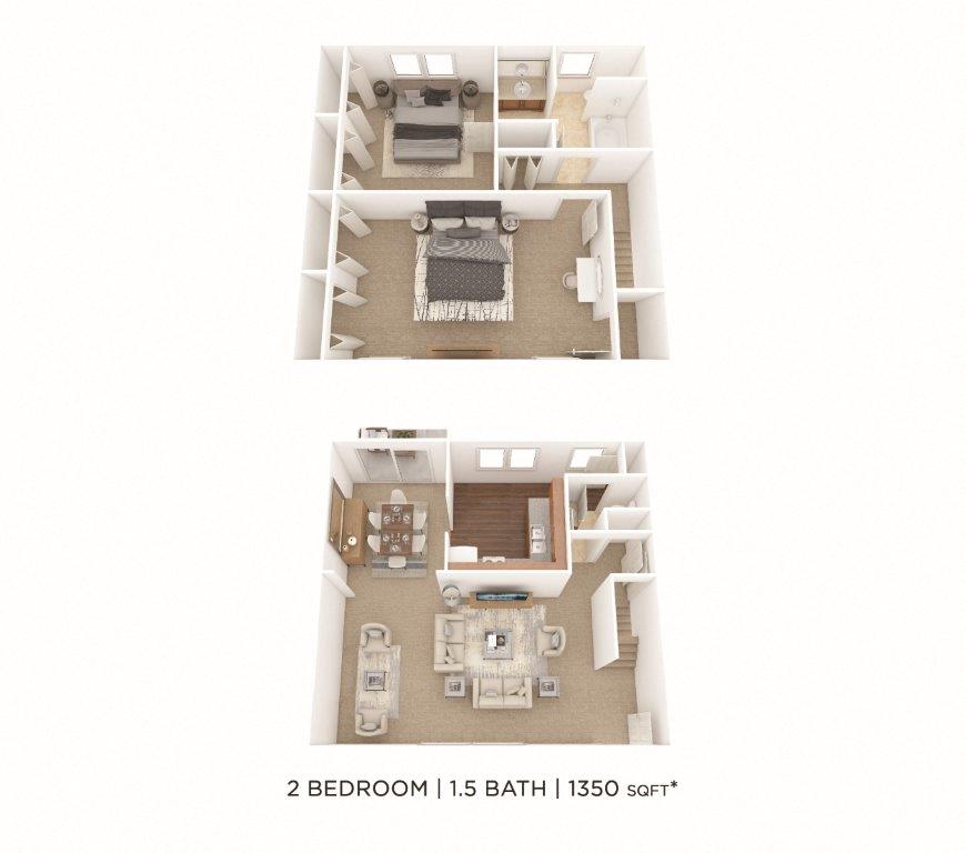 Floor plan for 2 beds, 1.5 baths, 1350 sqft