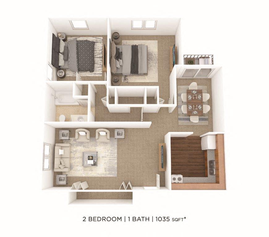 Floor plan for 2 beds, 1 bath, 1035 sqft