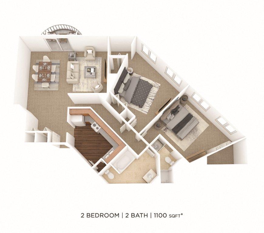 Floor plan for 2 beds, 2 baths, 1100 sqft