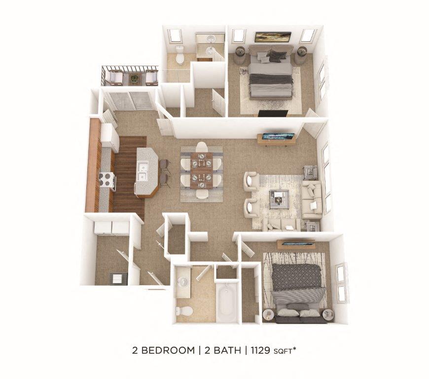 Floor plan for 2 beds, 2 baths, 1129 sqft