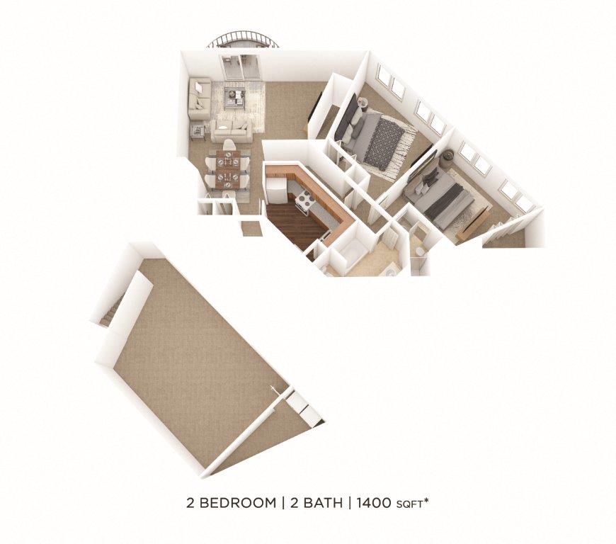 Floor plan for 2 beds, 2 baths, 1400 sqft