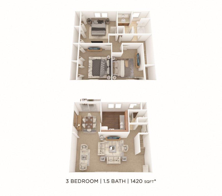 Floor plan for 3 beds, 1.5 baths, 1420 sqft