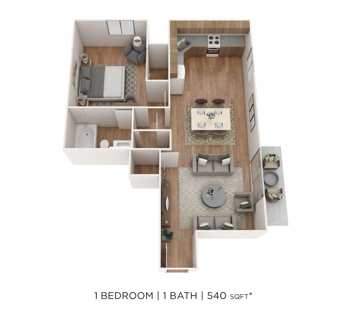 Floor plan for 1 bed, 1 bath, 540 sqft