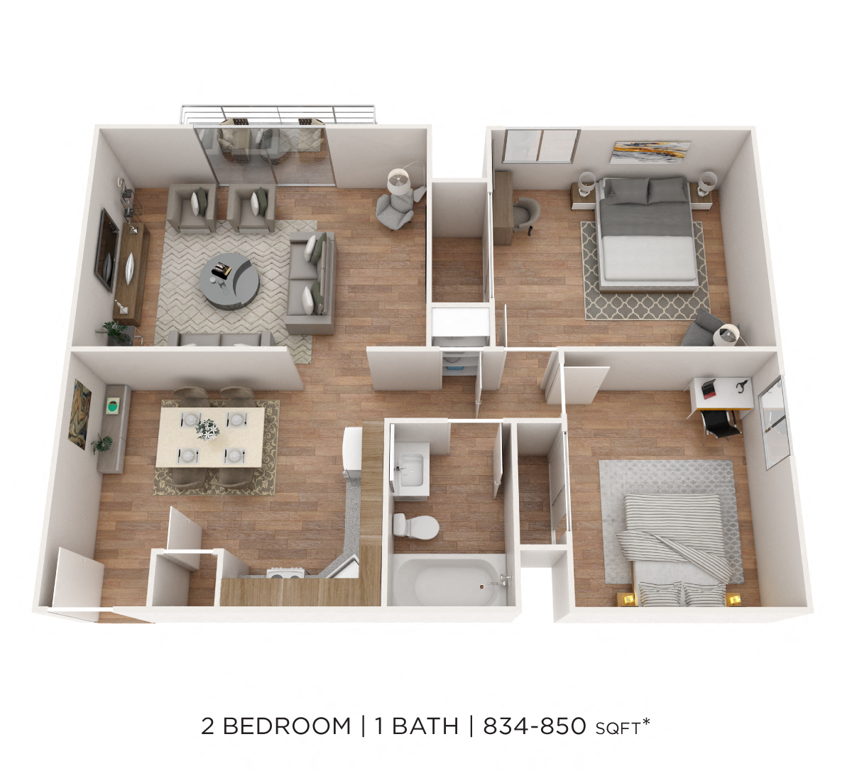 Floor plan for 2 beds, 1 bath, 850 sqft