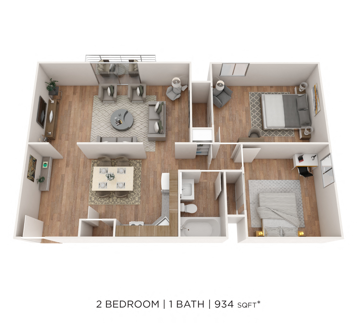 Floor plan for 2 beds, 1 bath, 934 sqft