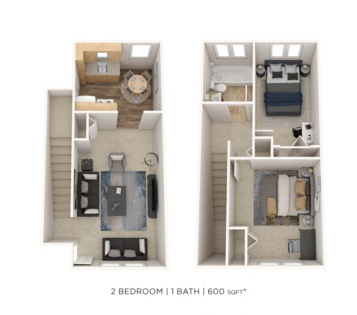 Floor plan for 2 beds, 1 bath, 600 sqft