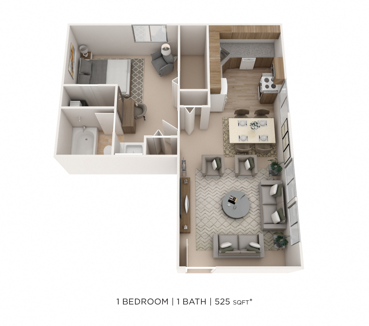 Floor plan for 1 bed, 1 bath, 525 sqft
