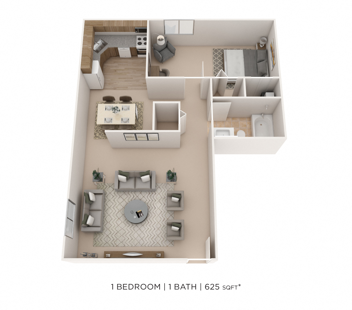 Floor plan for 1 bed, 1 bath, 625 sqft