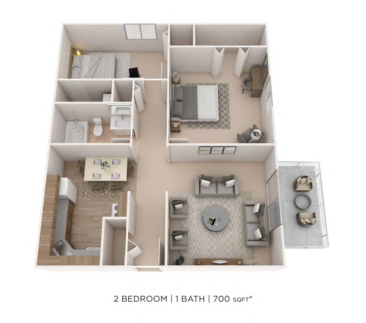 Floor plan for 2 beds, 1 bath, 700 sqft