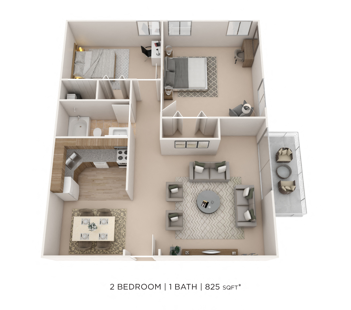 Floor plan for 2 beds, 1 bath, 825 sqft