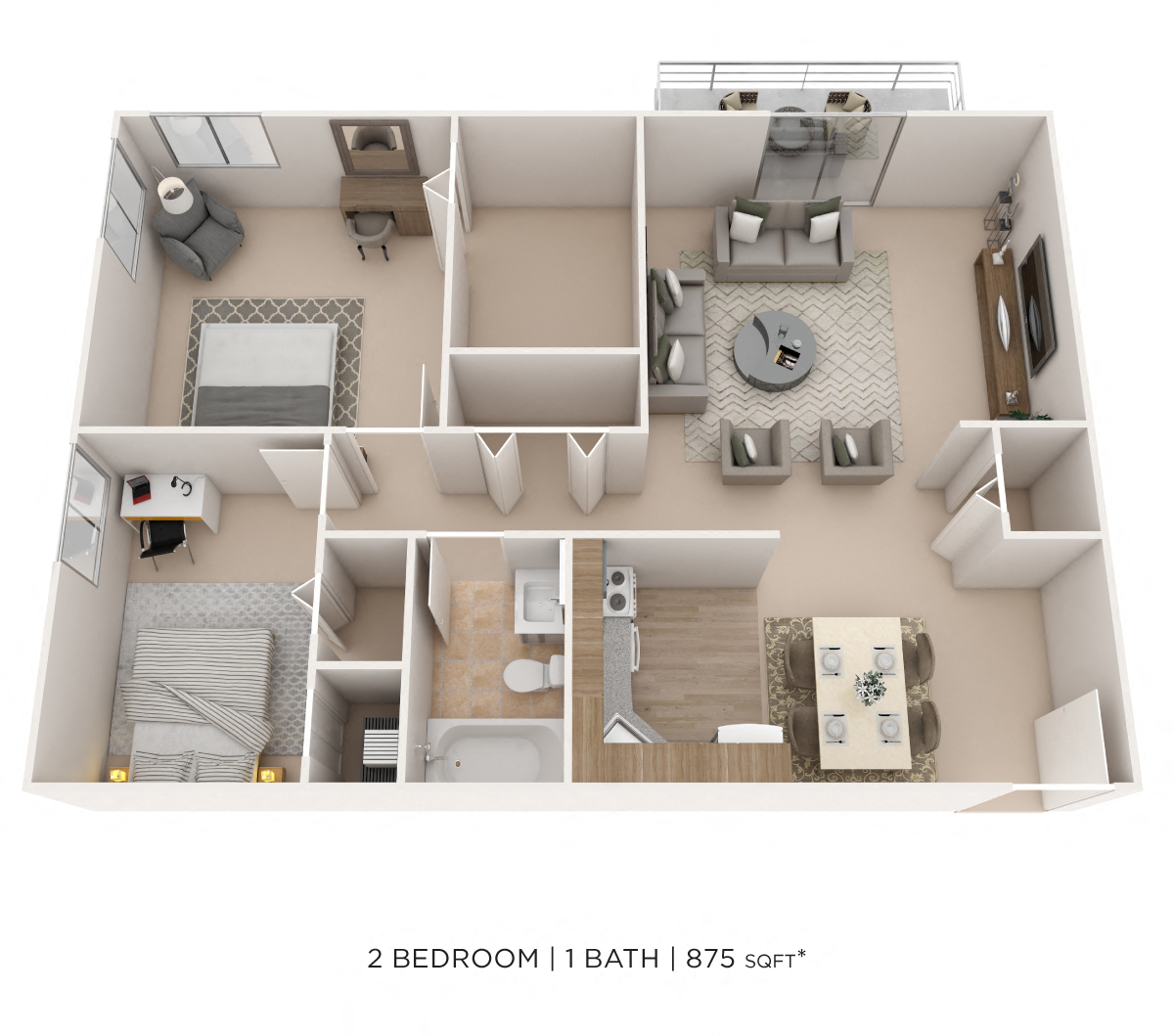 Floor plan for 2 beds, 1 bath, 875 sqft