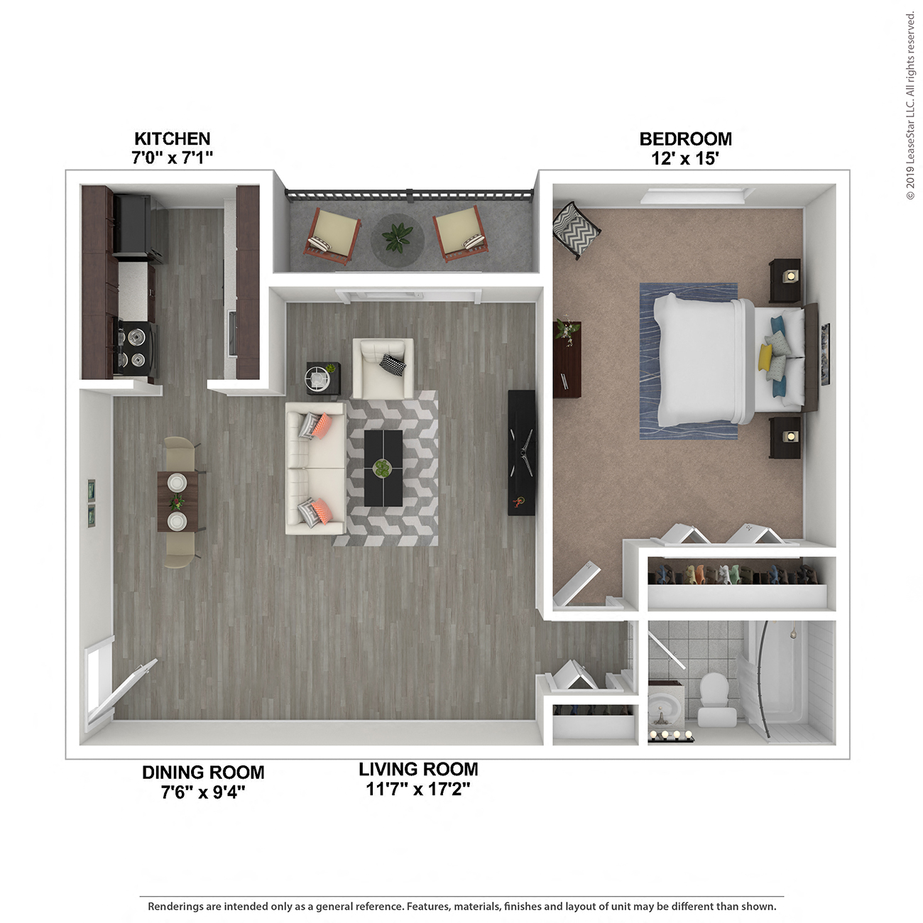 Floor plan for 1 bed, 1 bath, 625 sqft
