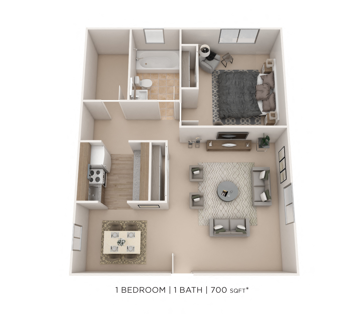 Floor plan for 1 bed, 1 bath, 700 sqft