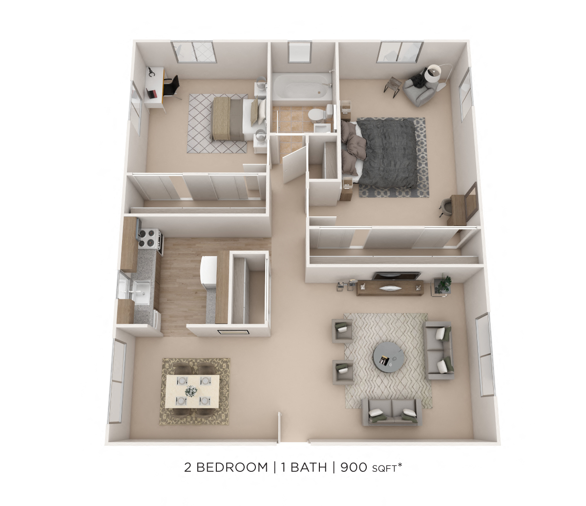 Floor plan for 2 beds, 1 bath, 900 sqft
