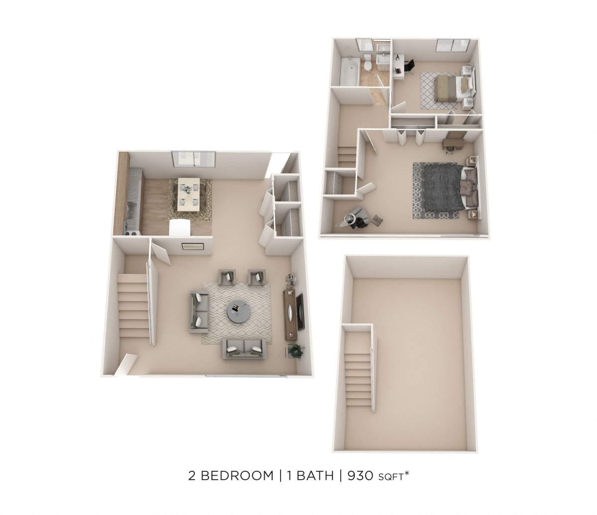 Floor plan for 2 beds, 1 bath, 930 sqft