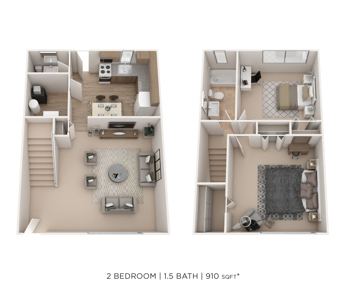 Floor plan for 2 beds, 1.5 baths, 910 sqft
