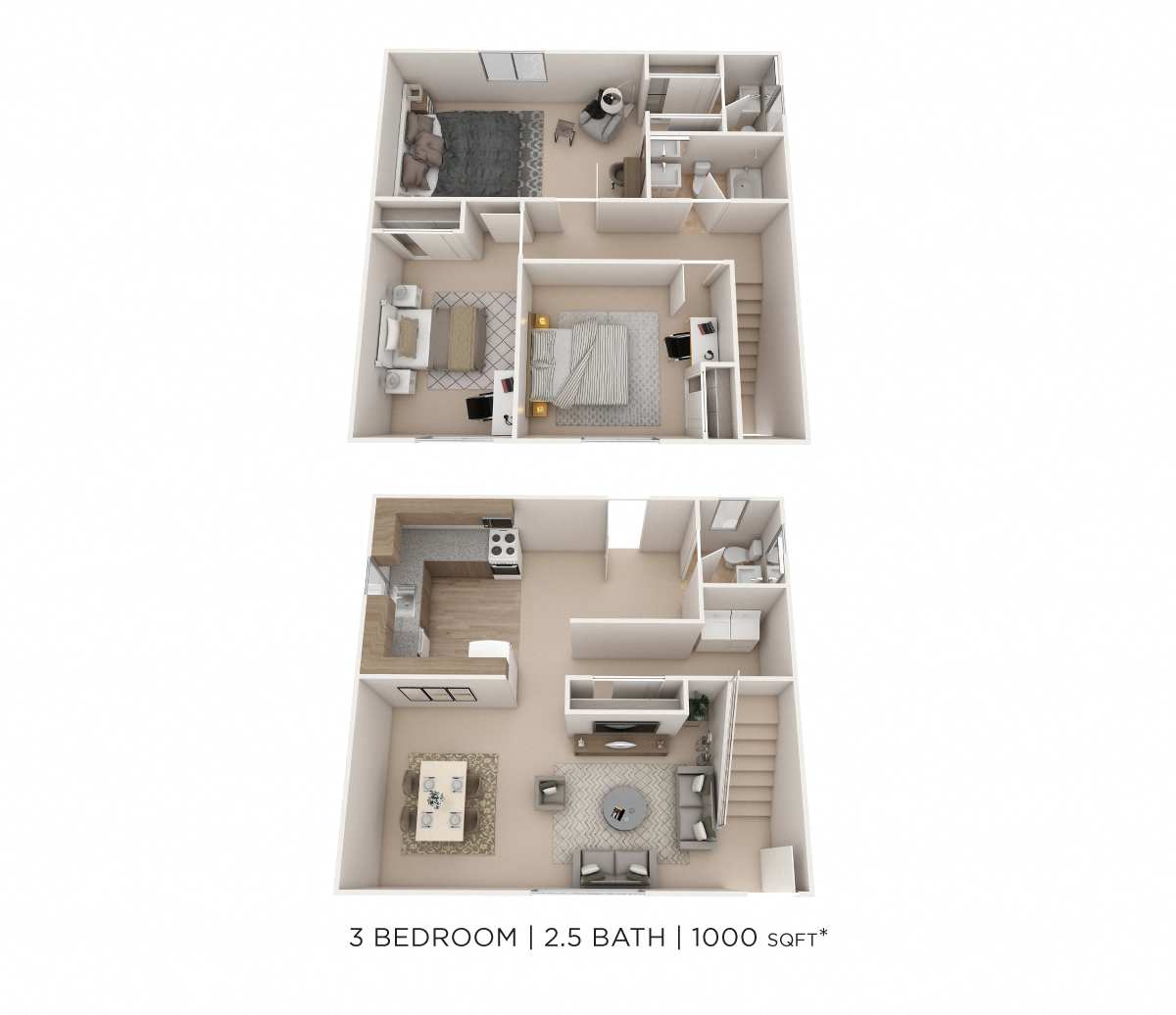 Floor plan for 3 beds, 2.5 baths, 1000 sqft