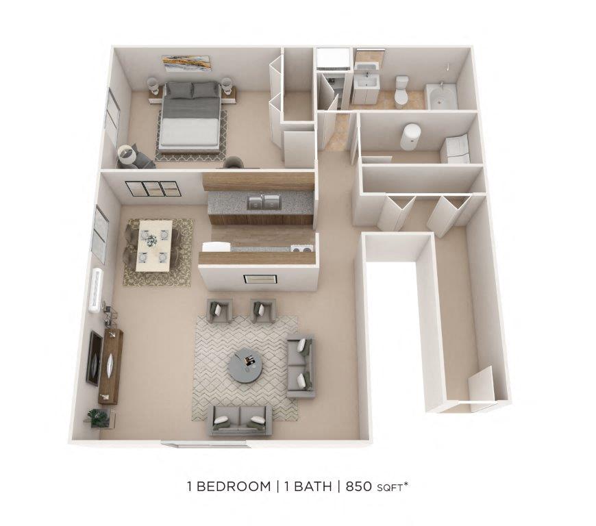 Floor plan for 1 bed, 1 bath, 850 sqft