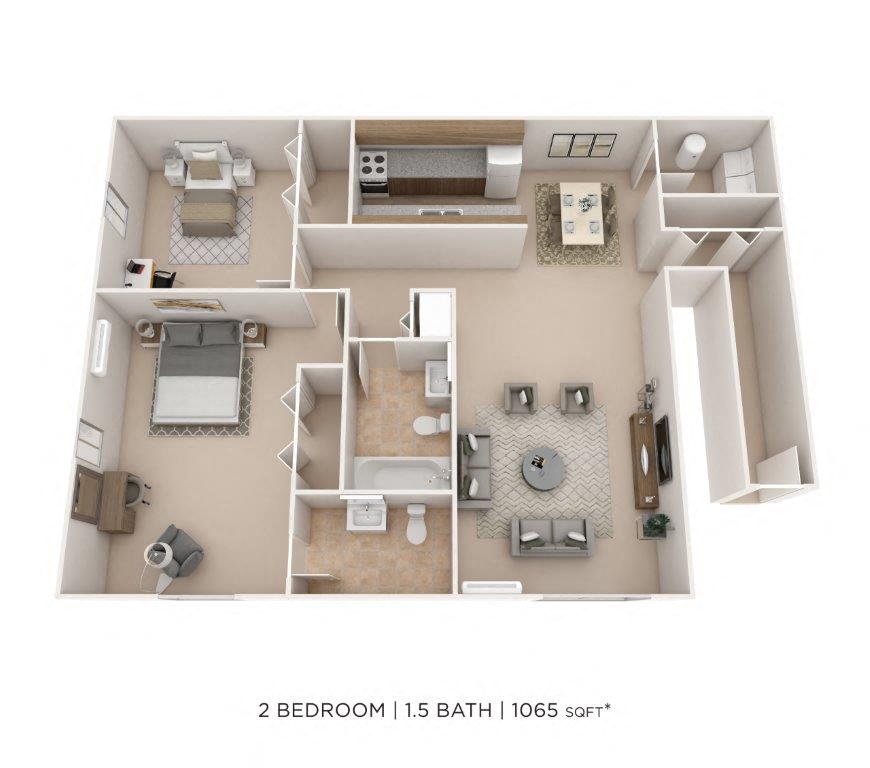 Floor plan for 2 beds, 1.5 baths, 1065 sqft
