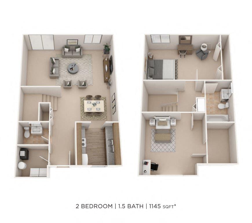 Floor plan for 2 beds, 1.5 baths, 1145 sqft