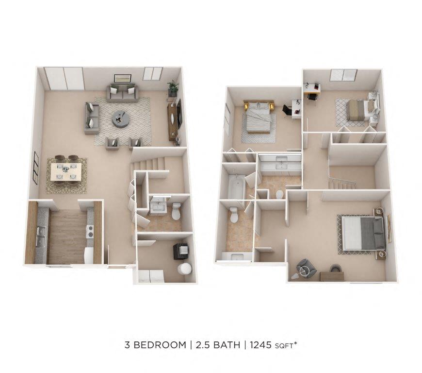 Floor plan for 3 beds, 2.5 baths, 1245 sqft