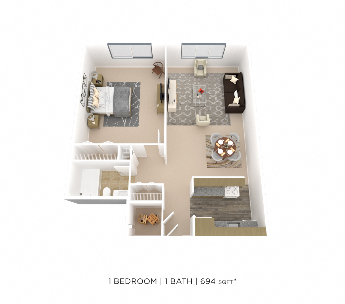 Floor plan for 1 bed, 1 bath, 694 sqft