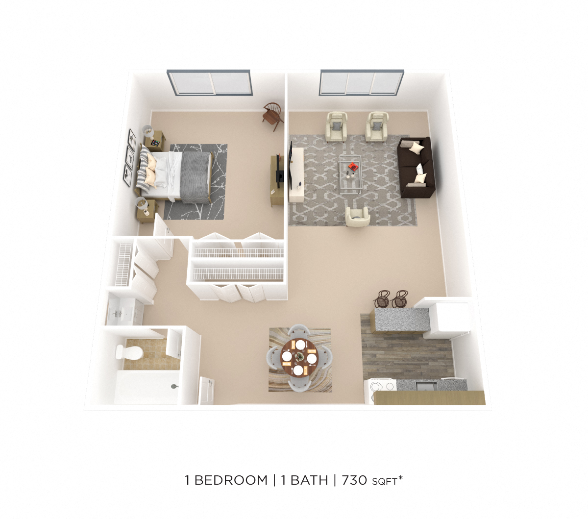 Floor plan for 1 bed, 1 bath, 730 sqft