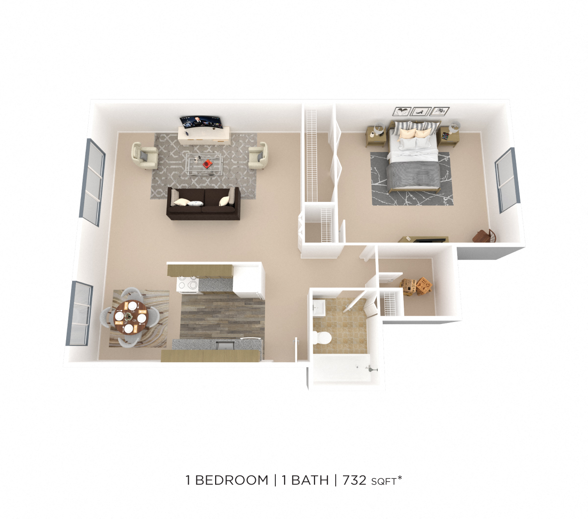 Floor plan for 1 bed, 1 bath, 732 sqft