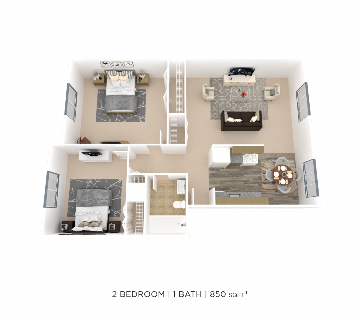 Floor plan for 2 beds, 1 bath, 850 sqft