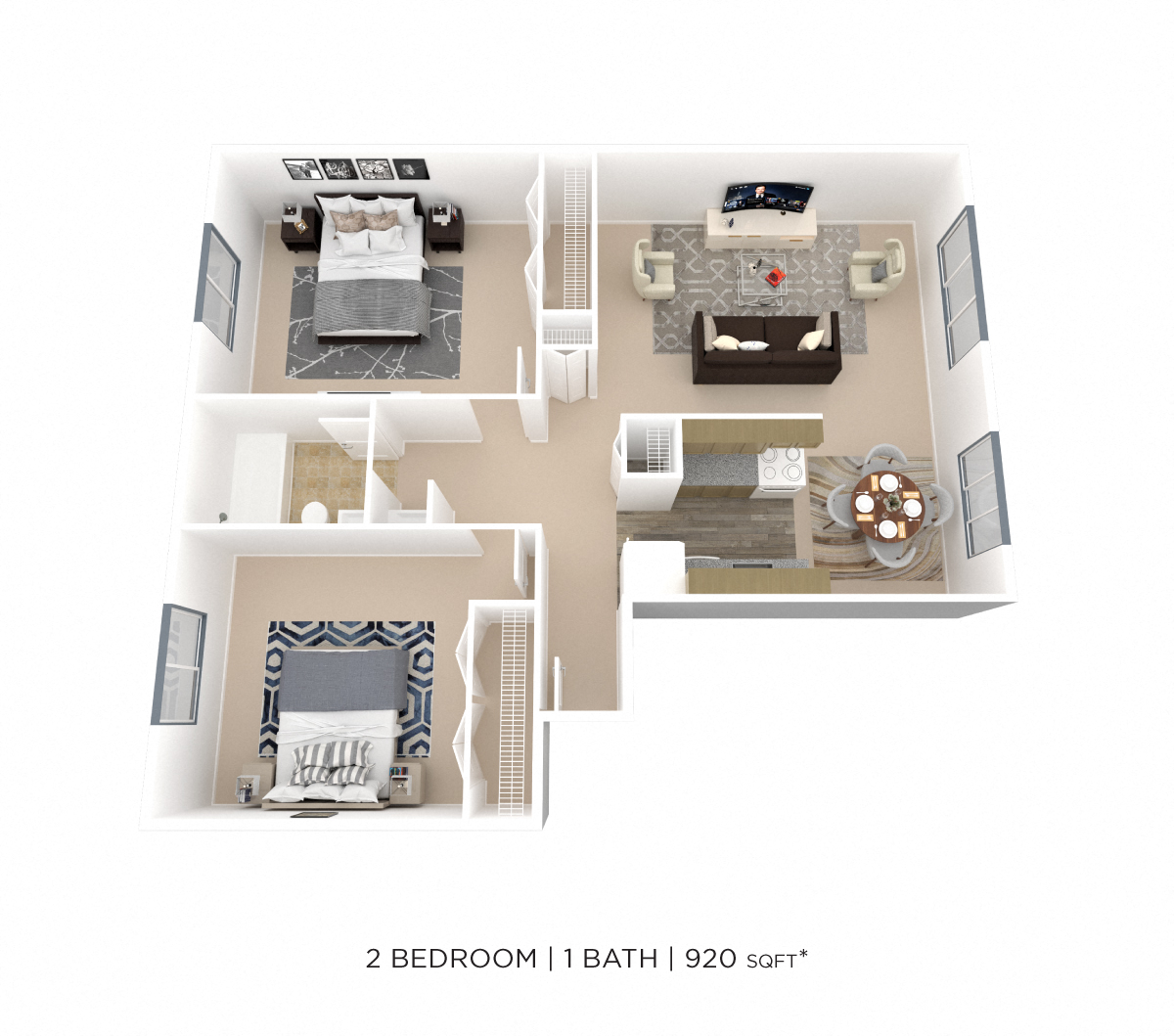 Floor plan for 2 beds, 1 bath, 920 sqft