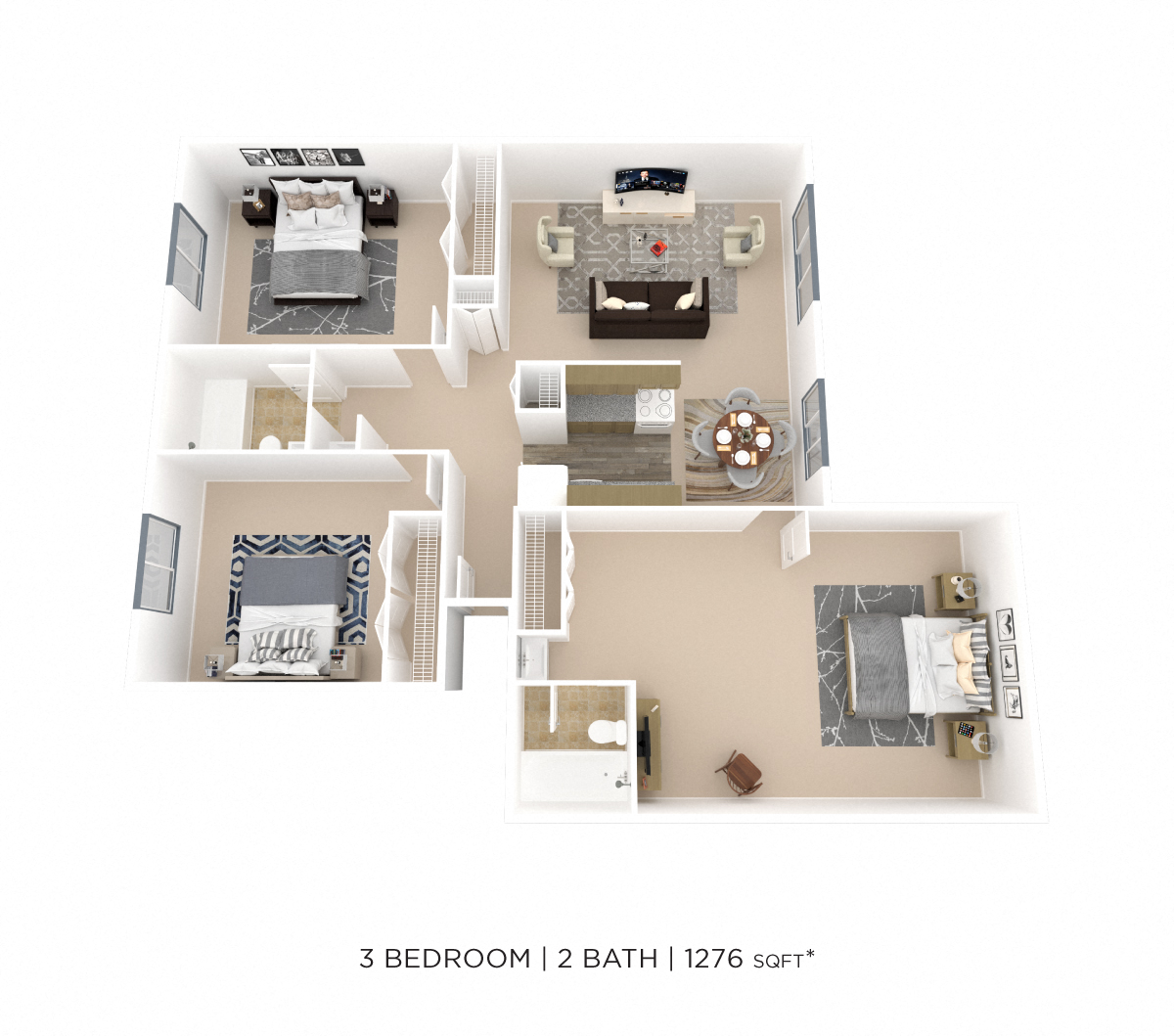 Floor plan for 3 beds, 2 baths, 1276 sqft