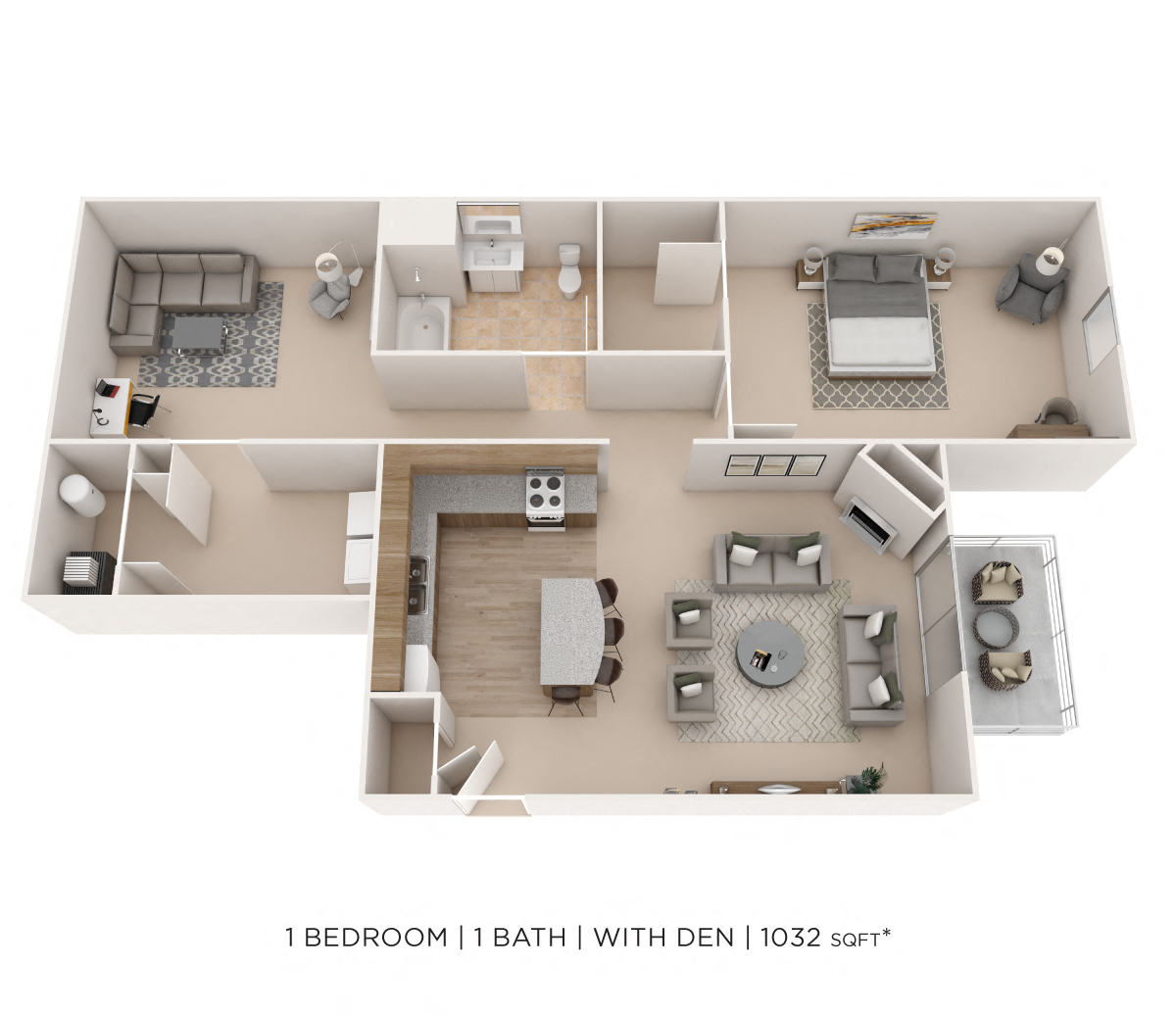 Floor plan for 1 bed, 1 bath, 1032 sqft