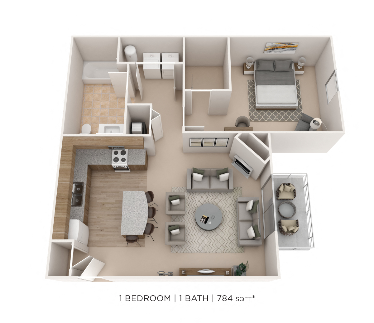 Floor plan for 1 bed, 1 bath, 784 sqft