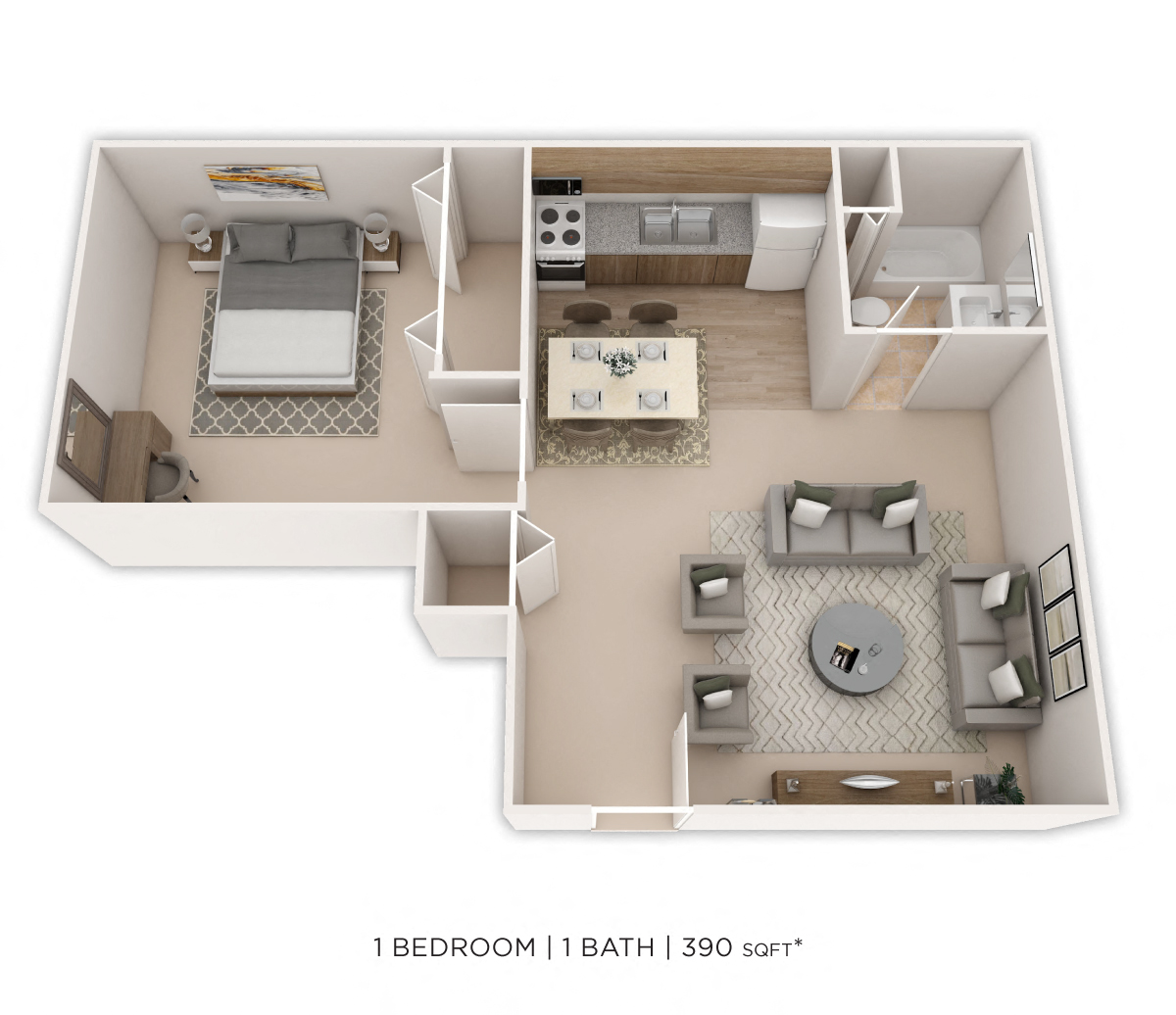 Floor plan for 1 bed, 1 bath, 390 sqft