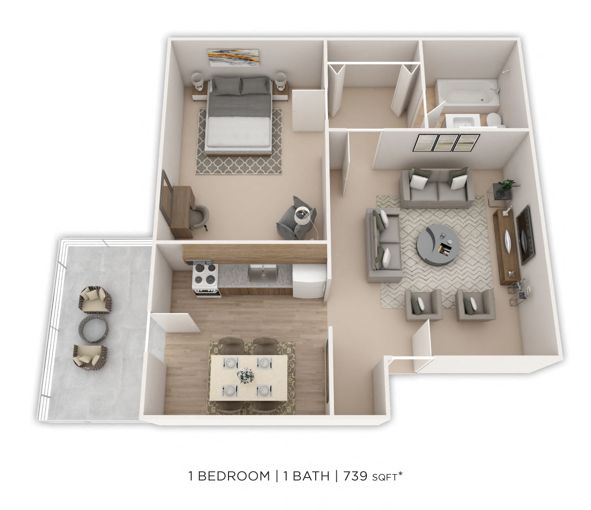 Floor plan for 1 bed, 1 bath, 739 sqft