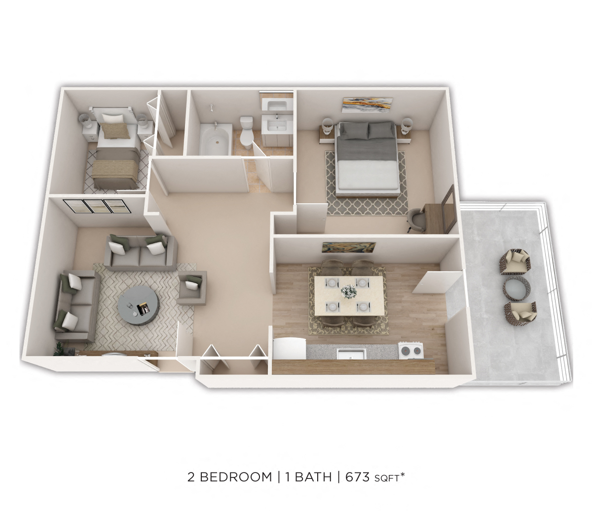 Floor plan for 1 bed, 1 bath, 673 sqft