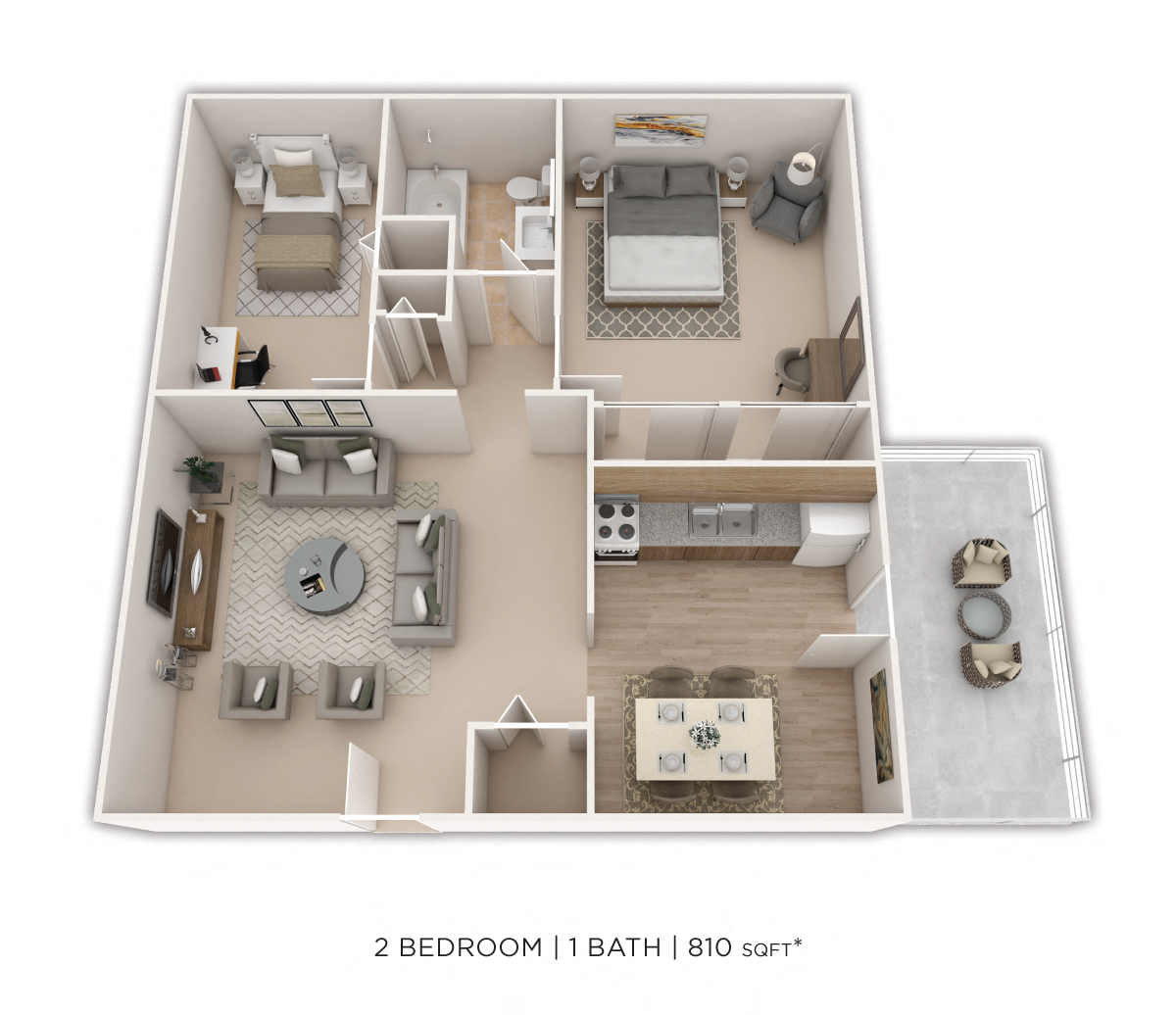 Floor plan for 2 beds, 1 bath, 810 sqft