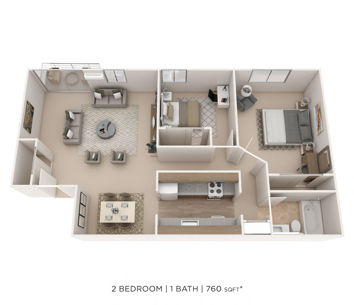 Floor plan for 2 beds, 1 bath, 760 sqft