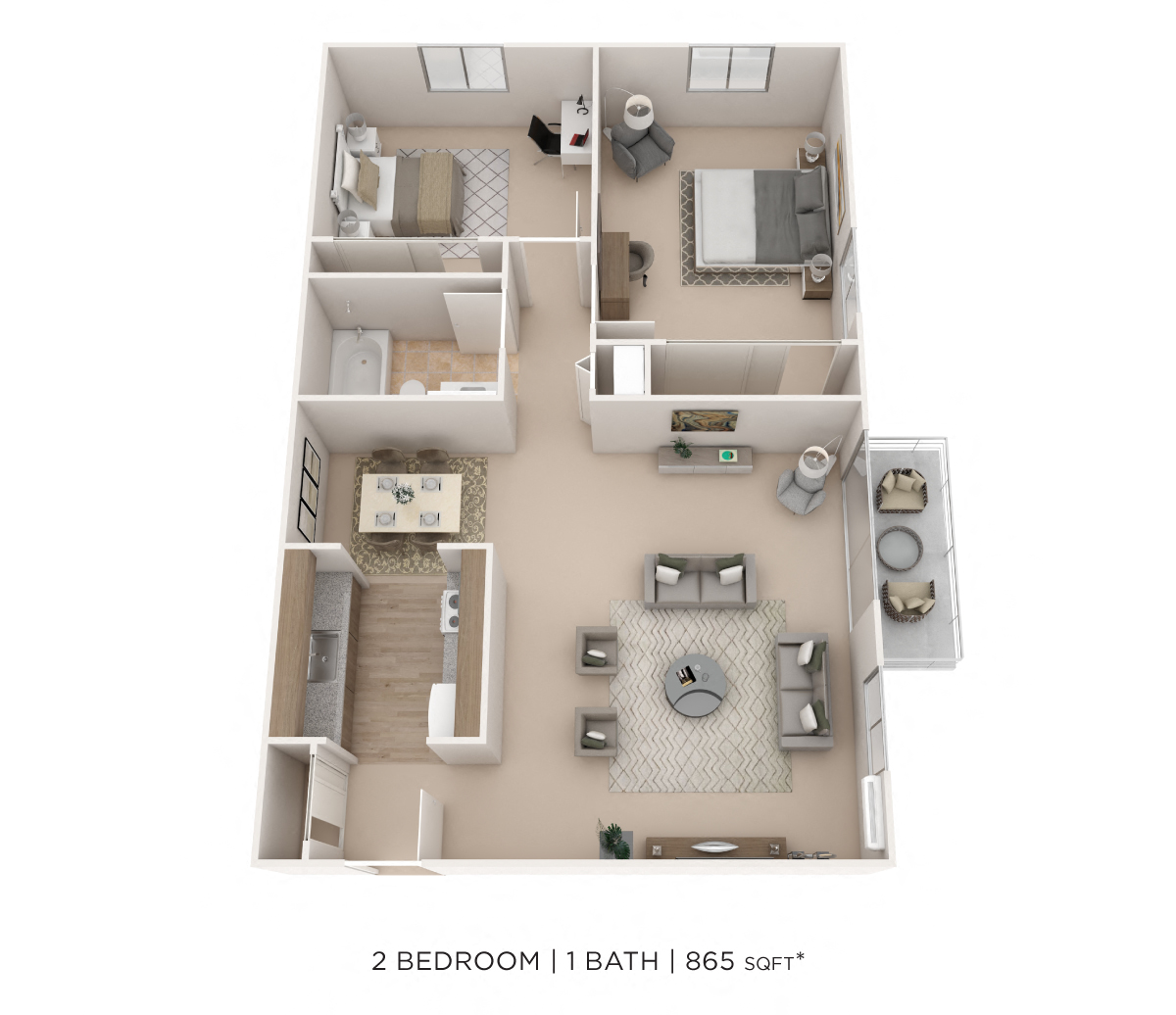 Floor plan for 2 beds, 1 bath, 865 sqft