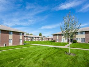 Webster apartment for rent - A tree stands in a grassy courtyard in front of apartment buildings.