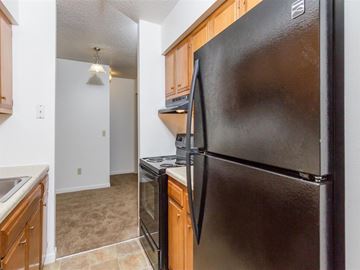 Webster apartment for rent - A black refrigerator in a kitchen with wooden cabinets.