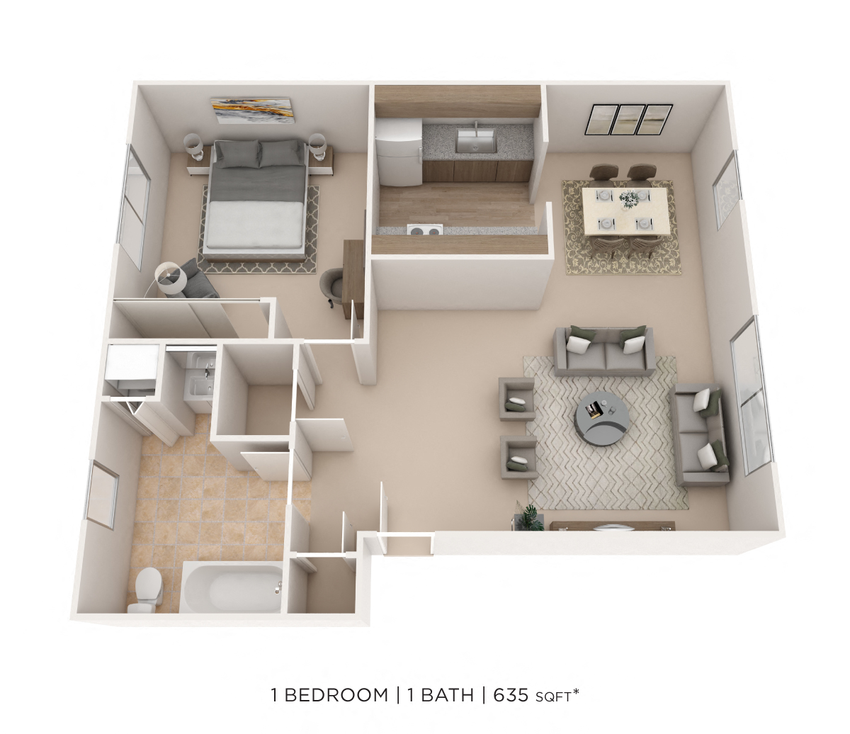 Floor plan for 1 bed, 1 bath, 635 sqft